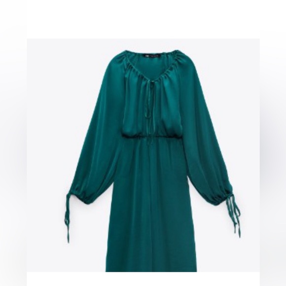 Zara Womens Green Effect Wide Leg Jumpsuit Drawstring Neck Arms Size Small - Picture 2 of 5